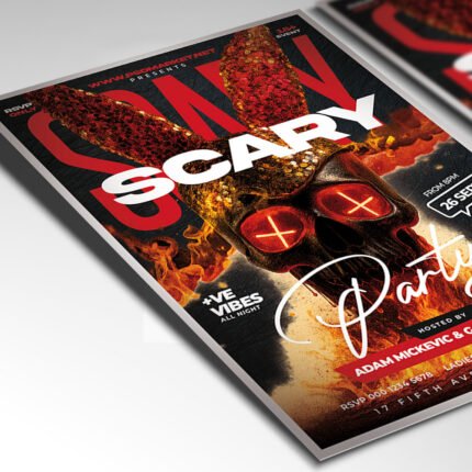Customizable spooky Halloween party poster in PSD format with atmospheric lighting, organized Photoshop layers, and premium placeholders for event details.