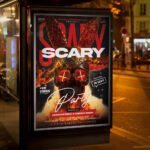 An eye-catching "Scary 2027" invitation flyer template showing sharp 300 DPI resolution, professional horror aesthetic, and high-impact design.