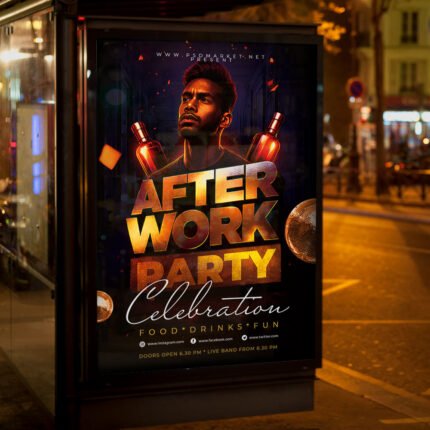A professional After Work Party Flyer Template featuring sleek lounge lighting, modern cocktail motifs, and chic display typography.
