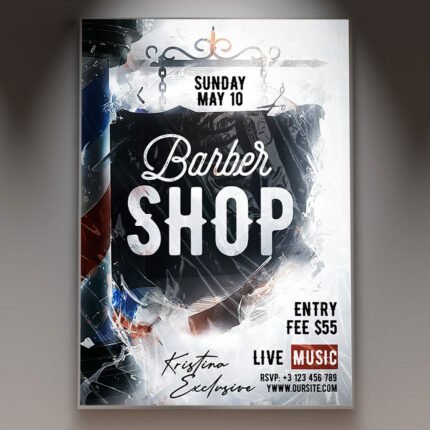 A professional Barber Shop Flyer Template featuring sleek dark textures, metallic accents, and bold masculine typography.