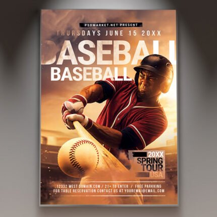 A professional Baseball Event Flyer Template featuring classic diamond textures, dramatic stadium lighting, and bold athletic typography.