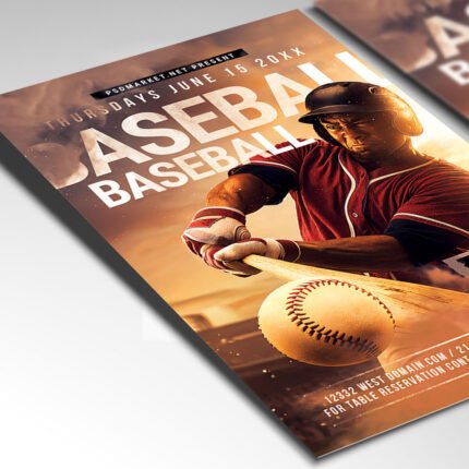 Customizable baseball match poster in PSD format with dynamic sports elements, organized Photoshop layers, and premium placeholders for team logos.