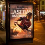 An eye-catching "Baseball Event" invitation flyer template showing sharp 300 DPI resolution, professional sports aesthetic, and high-impact design.