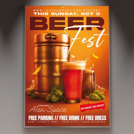 A professional Beer Fest Flyer Template featuring rich golden hues, rustic wooden textures, and classic beer stein graphics.