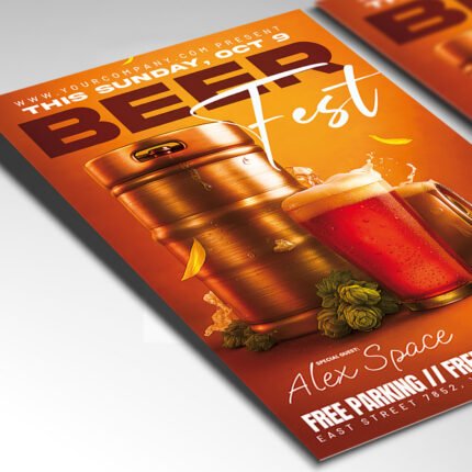 Customizable beer festival poster in PSD format with festive design elements, organized Photoshop layers, and premium placeholders for event details.