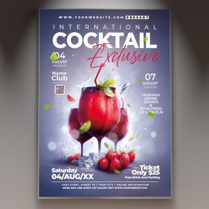 A professional Cocktail Party Flyer Template featuring luxurious lighting effects, gleaming glassware motifs, and stylish elegant typography.