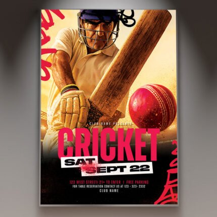 A professional Cricket Event Flyer Template featuring intense stadium lighting, lush green turf textures, and bold athletic typography.