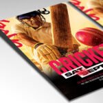 Customizable cricket match poster in PSD format with dynamic sports elements, organized Photoshop layers, and premium placeholders for team logos.