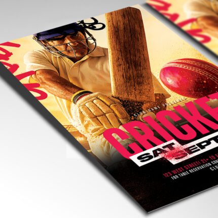 Customizable cricket match poster in PSD format with dynamic sports elements, organized Photoshop layers, and premium placeholders for team logos.
