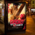 An eye-catching "Cricket Event" invitation flyer template showing sharp 300 DPI resolution, professional sports aesthetic, and high-impact design.