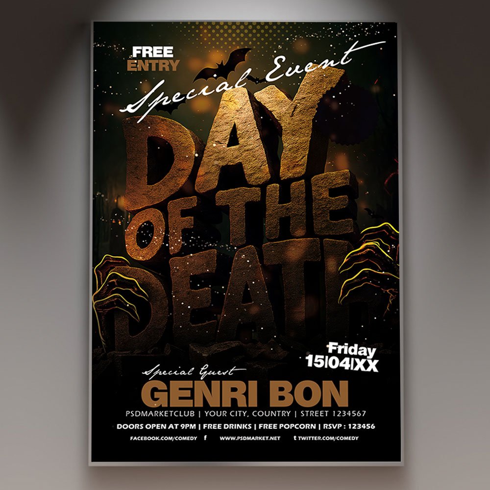day-of-the-death-flyer-template-1 A professional Day of the Death Flyer Template featuring vibrant floral sugar skull motifs, rich marigold colors, and striking artistic typography.