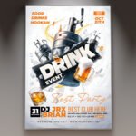 A professional Drink Event Flyer Template featuring vibrant liquid splashes, sleek glass effects, and bold modern typography.
