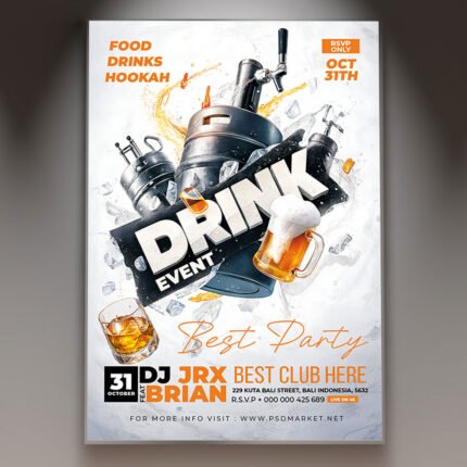 A professional Drink Event Flyer Template featuring vibrant liquid splashes, sleek glass effects, and bold modern typography.