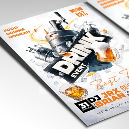 Customizable cocktail bar event poster in PSD format with stylish design details, organized Photoshop layers, and premium placeholders for event details.