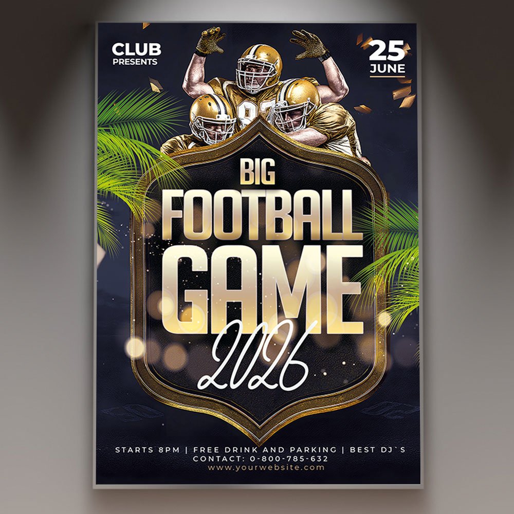 football-game-flyer-template-1 A professional Football Game Flyer Template featuring intense stadium lighting, athletic turf textures, and bold athletic typography.