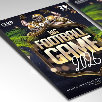 Customizable football match poster in PSD format with dynamic sports elements, organized Photoshop layers, and premium placeholders for team logos.