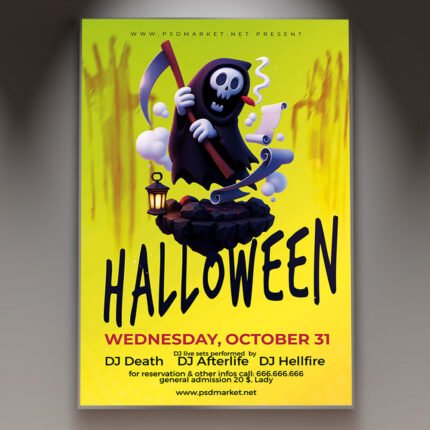 A professional Halloween Night 2026 Flyer Template featuring dark atmospheric gradients, gothic horror typography, and spooky design motifs.