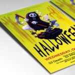 Customizable spooky Halloween party poster in PSD format with atmospheric lighting, organized Photoshop layers, and premium placeholders for event details.