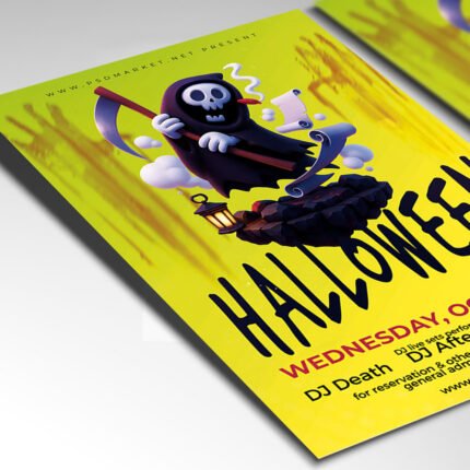 Customizable spooky Halloween party poster in PSD format with atmospheric lighting, organized Photoshop layers, and premium placeholders for event details.