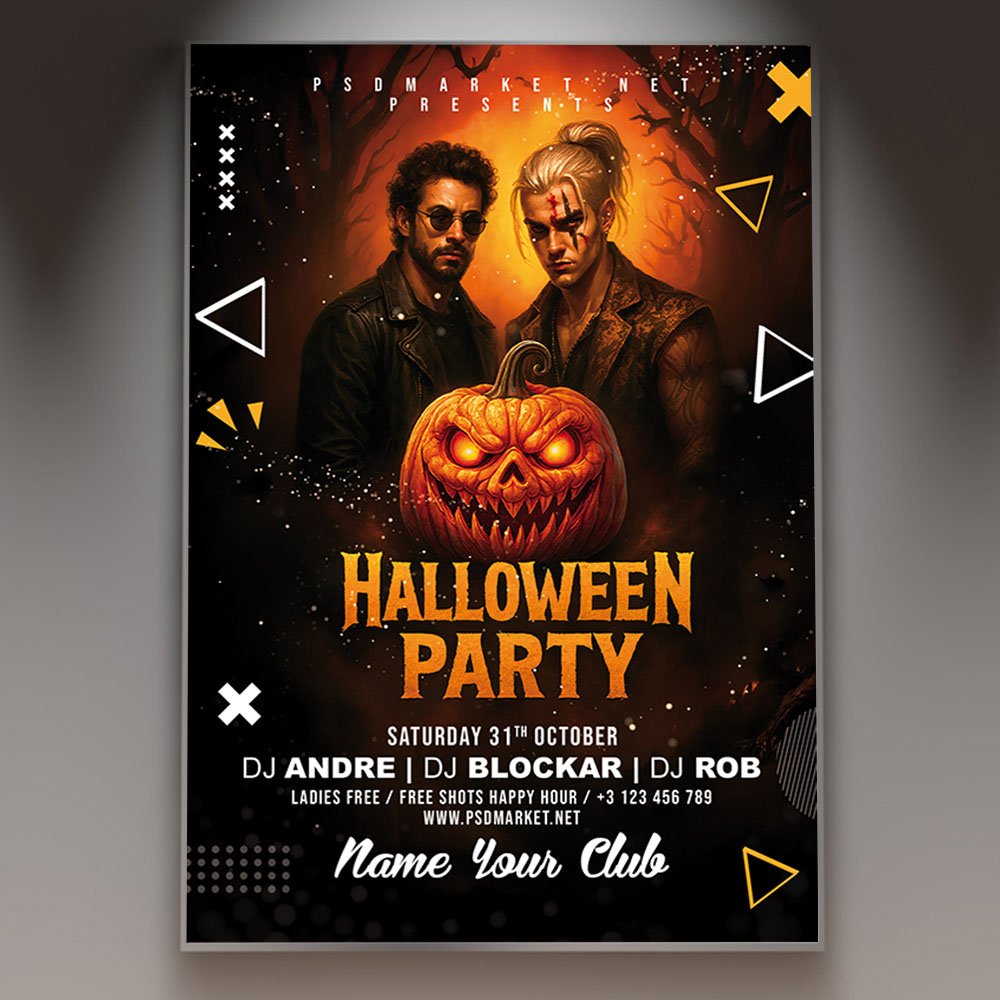 halloween-party-event-flyer-template-1 A professional Halloween Party Event Flyer Template featuring dark atmospheric gradients, gothic horror typography, and spooky design motifs.