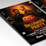 Customizable spooky Halloween party poster in PSD format with atmospheric lighting, organized Photoshop layers, and premium placeholders for event details.