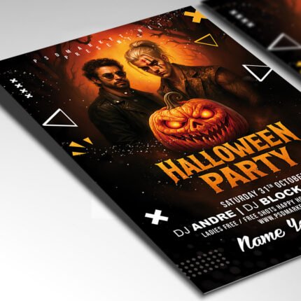Customizable spooky Halloween party poster in PSD format with atmospheric lighting, organized Photoshop layers, and premium placeholders for event details.