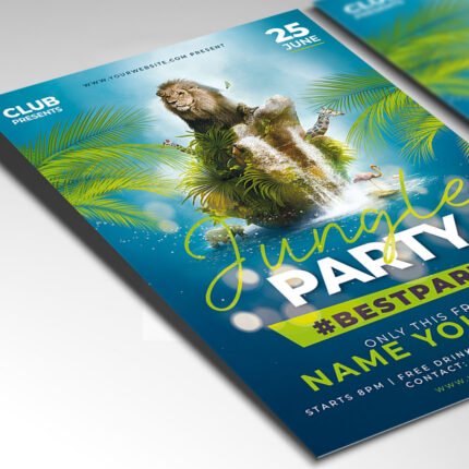 Customizable tropical theme party poster in PSD format with exotic design elements, organized Photoshop layers, and premium placeholders for event details.