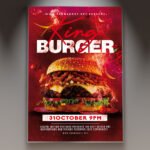 A professional King Burger Flyer PSD Template featuring appetizing food layout placeholders, dynamic color accents, and bold display typography.