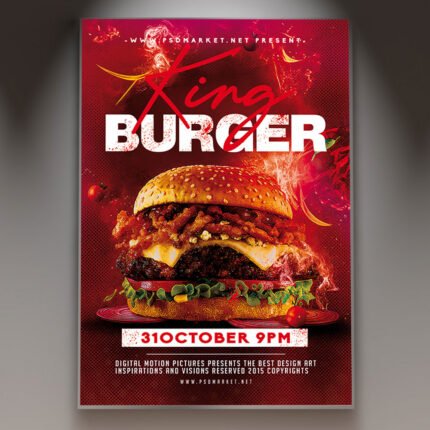 A professional King Burger Flyer PSD Template featuring appetizing food layout placeholders, dynamic color accents, and bold display typography.
