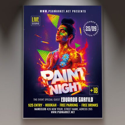 A professional Paint Night Flyer Template featuring vibrant paint splashes, artistic brushstroke textures, and creative display typography.