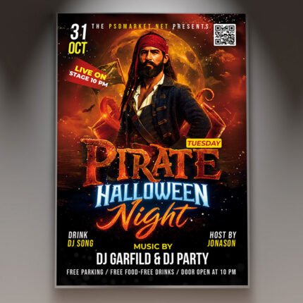 A professional Pirate Halloween Party Flyer Template featuring dark haunted ocean backgrounds, eerie ghostly pirate motifs, and bold chilling typography.