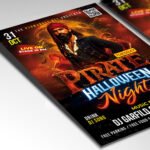 Customizable spooky pirate Halloween poster in PSD format with atmospheric design elements, organized Photoshop layers, and premium placeholders for event details.