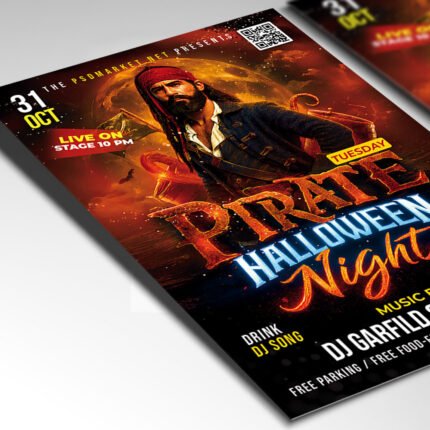 Customizable spooky pirate Halloween poster in PSD format with atmospheric design elements, organized Photoshop layers, and premium placeholders for event details.