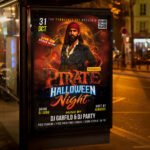 An eye-catching "Pirate Halloween Party" invitation flyer template showing sharp 300 DPI resolution, professional horror-pirate aesthetic, and high-impact design.