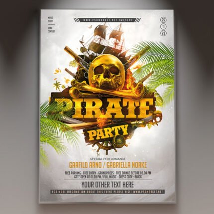 A professional Pirate Party Flyer Template featuring weathered parchment textures, vintage treasure map details, and bold adventurous typography.