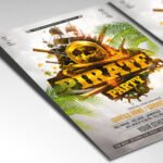 Customizable pirate themed party poster in PSD format with atmospheric design elements, organized Photoshop layers, and premium event info placeholders.