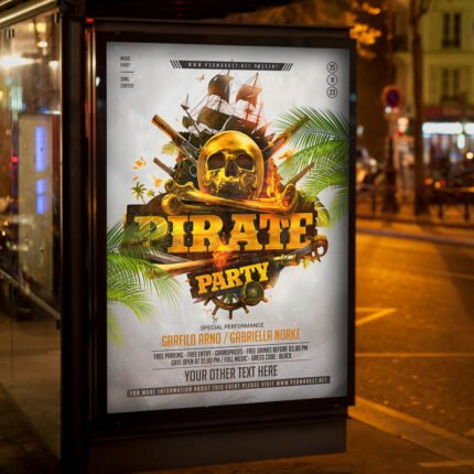 An eye-catching "Pirate Party" invitation flyer template showing sharp 300 DPI resolution, professional costume aesthetic, and high-impact design.