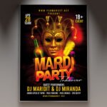 A professional Mardi Party Flyer Template featuring vibrant purple, green, and gold gradients, decorative bead motifs, and bold festive typography.