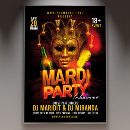 A professional Mardi Party Flyer Template featuring vibrant purple, green, and gold gradients, decorative bead motifs, and bold festive typography.