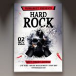 A professional Hard Rock Party Flyer Template featuring grungy metallic textures, dramatic stage lighting, and edgy display typography.
