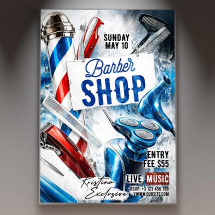 A professional Barber Shop Event Flyer Template featuring sleek metallic textures, classic barber pole accents, and bold professional typography.