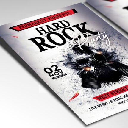 Customizable rock concert poster in PSD format with raw aesthetic elements, organized Photoshop layers, and premium band photo placeholders.