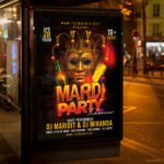 An eye-catching "Mardi Party" invitation flyer template showing sharp 300 DPI resolution, professional carnival aesthetic, and high-impact design.
