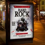 An eye-catching "Hard Rock Party" invitation flyer template showing sharp 300 DPI resolution, professional live music aesthetic, and high-impact design.
