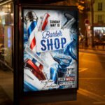 An eye-catching "Barber Shop Event" invitation flyer template showing sharp 300 DPI resolution, professional styling aesthetic, and high-impact design.