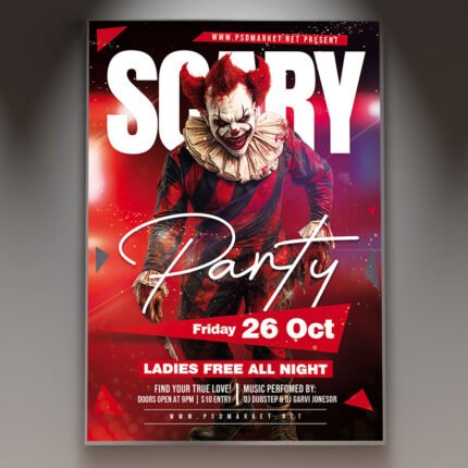 A professional Scary Party Flyer Template featuring dark atmospheric gradients, gothic horror typography, and spooky design motifs.