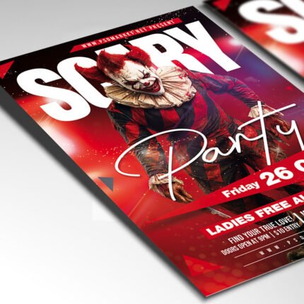 Customizable spooky scary party poster in PSD format with atmospheric lighting, organized Photoshop layers, and premium placeholders for event details.
