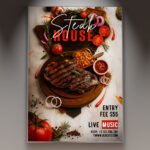 A professional Steak House Flyer Template featuring rich charcoal textures, flame accents, and bold premium display typography.