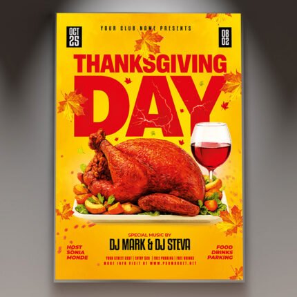 A professional Thanksgiving Day Flyer Template featuring rich autumn colors, rustic foliage motifs, and warm welcoming typography.