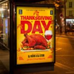 An eye-catching "Thanksgiving Day" invitation flyer template showing sharp 300 DPI resolution, professional holiday aesthetic, and high-impact autumn design.